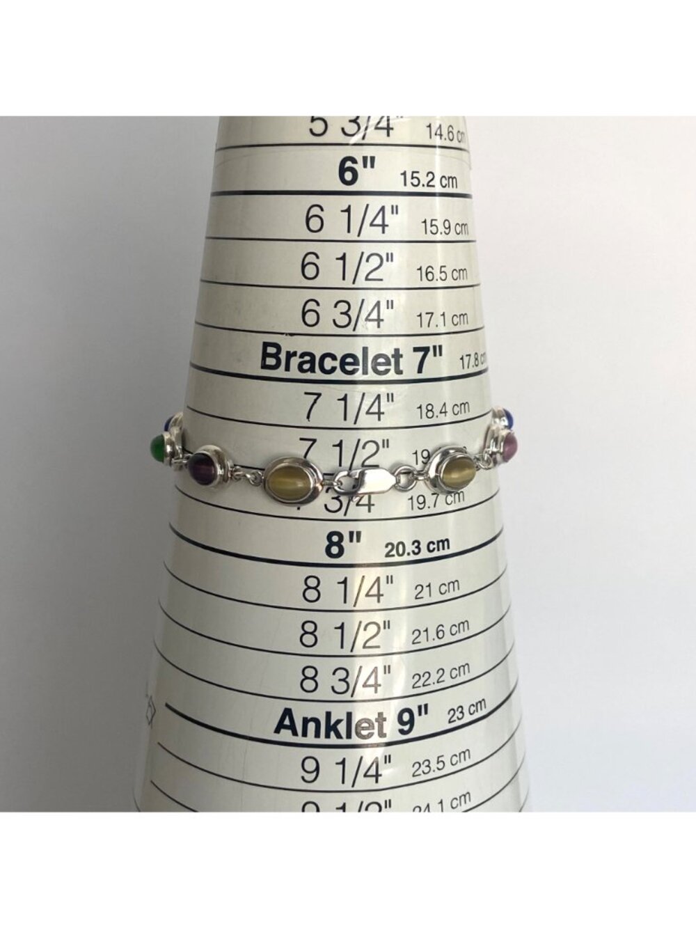 Sterling Silver 925 Multi Colored Oval Cats Eye Link Station Bracelet Sz 7.75" - Picture 8 of 16
